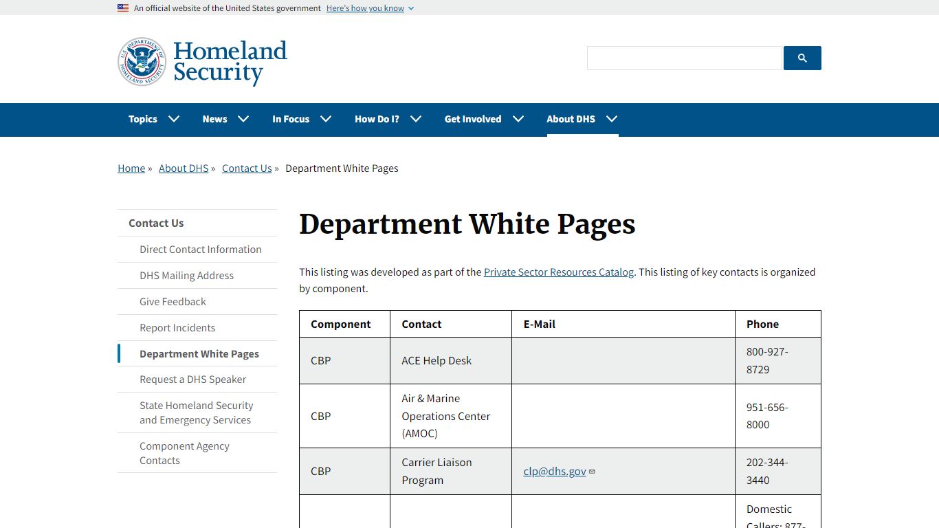 Department White Pages | Homeland Security - DHS